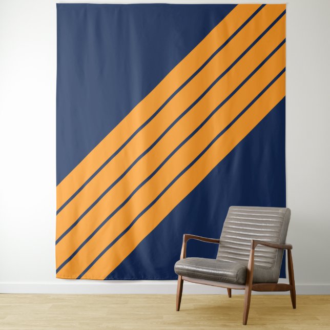 Blue Orange Striped 70s 80s Retro Racing Stripes Tapestry (In Situ)