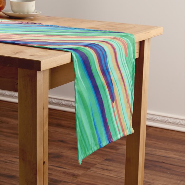 Blue Orange Teal Abstract Geometric Feathers Short Table Runner (In Situ)