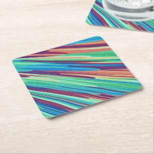 Blue Orange Teal Abstract Geometric Feathers Square Paper Coaster