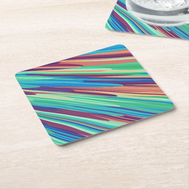 Blue Orange Teal Abstract Geometric Feathers Square Paper Coaster (Angled)