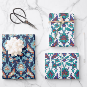 Blue Orange Teal Red White Oriental Floral Pattern Wrapping Paper Sheet