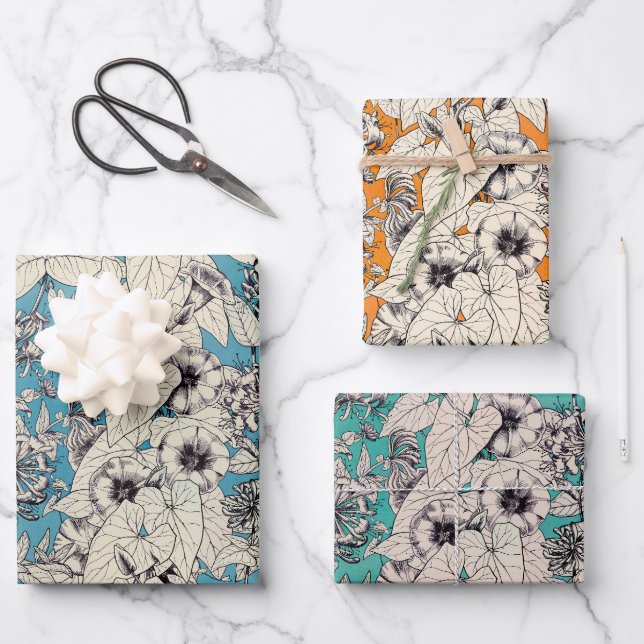 Blue Orange Teal White Graphic Flowers Pattern Wrapping Paper Sheet (Front)