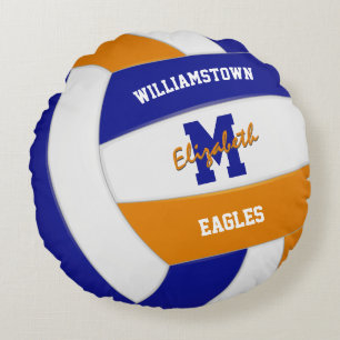blue orange team colours girls volleyball round pillow