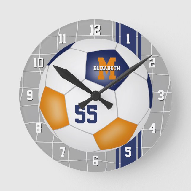 blue orange team colours varsity stripes soccer round clock (Front)