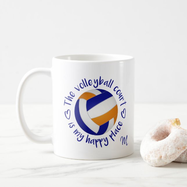 blue orange team colours volleyball happy place coffee mug (With Donut)