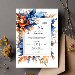 Blue Orange Terracotta Floral Boho Elegant Wedding Invitation
