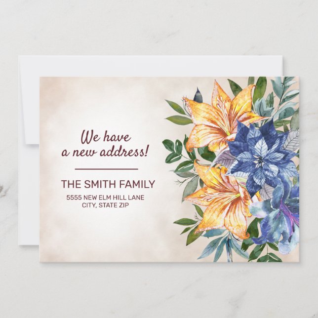 Blue Orange Tiger Lily Floral Change of Address  Announcement (Front)