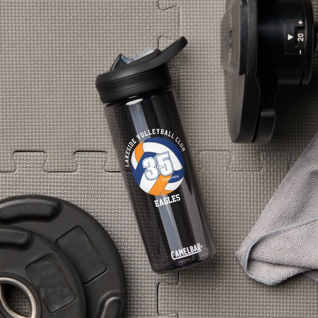 blue orange volleyball team colours athlete name water bottle (Gym)