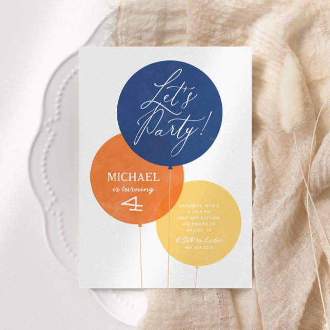 Blue Orange Watercolor Balloon Boy Birthday Party Invitation (Creator Uploaded)