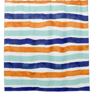 Blue Orange Watercolor Stripe Shower Curtain