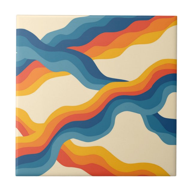 Blue Orange Wavy Stripes Pattern Retro Y2K Tile (Front)