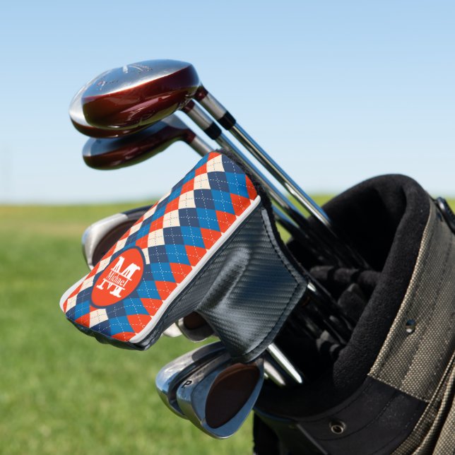 Blue Orange White Preppy Sporty Argyle Personalize Golf Head Cover (In Situ)
