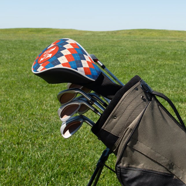 Blue Orange White Preppy Sporty Argyle Personalize Golf Head Cover (In Situ)