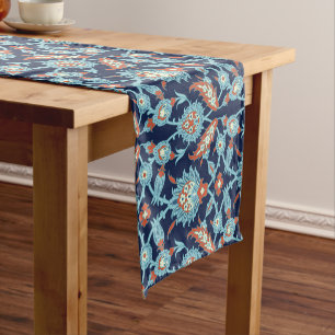 Blue Orange White Turkish Oriental Floral Pattern  Short Table Runner