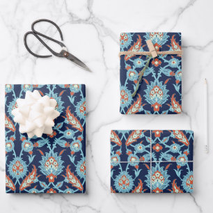 Blue Orange White Turkish Oriental Floral Pattern  Wrapping Paper Sheet