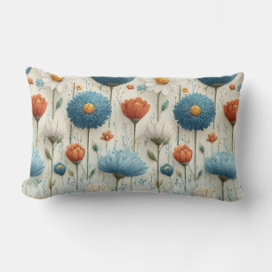 Blue Orange Wildflower Floral Lumbar Pillow