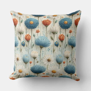 Blue Orange Wildflower Floral Throw Pillow