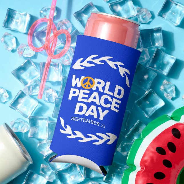 Blue Orange World Peace Day Peace Sign Seltzer Can Cooler (In Situ Summer)