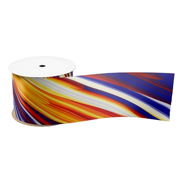 Blue Orange Yellow Abstract Geometric Feathers Satin Ribbon (Spool)