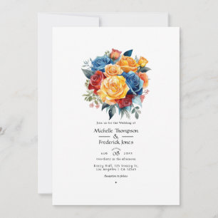 Blue, Orange, Yellow, and Red Floral Wedding Invitation
