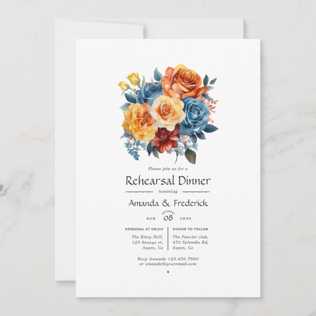 Blue, Orange, Yellow & Red Floral Rehearsal Dinner Invitation (Front)