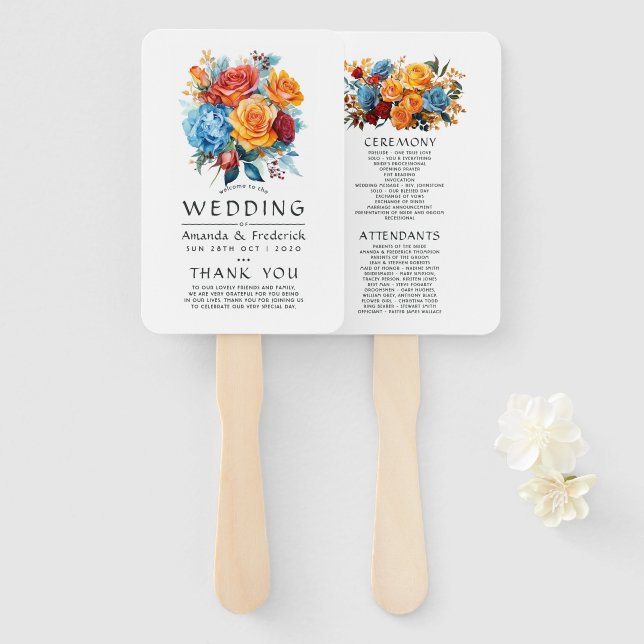 Blue, Orange, Yellow & Red Floral Wedding Program Hand Fan (Front and Back)