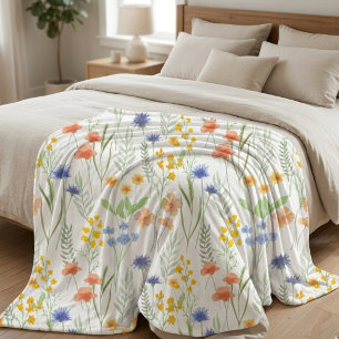 Blue Orange Yellow Watercolor Wildflower Fleece Blanket