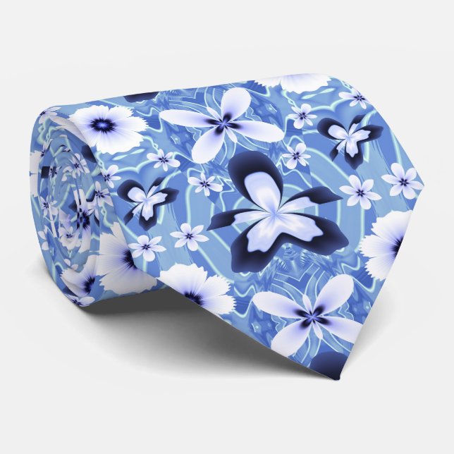 Blue Orchid Elegant Flower Fractal Art Pattern Tie (Rolled)
