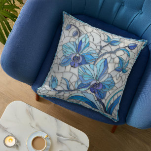 Blue Orchid Flower Mosaic Throw Pillow