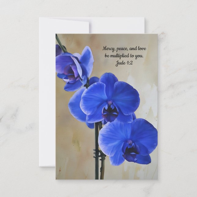 Blue Orchids Faith Bible Verse Art Note Card (Front)