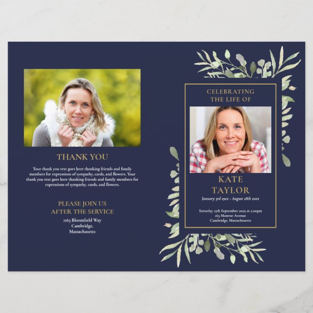 Blue Order Of Service Foliage Funeral Program (Front)