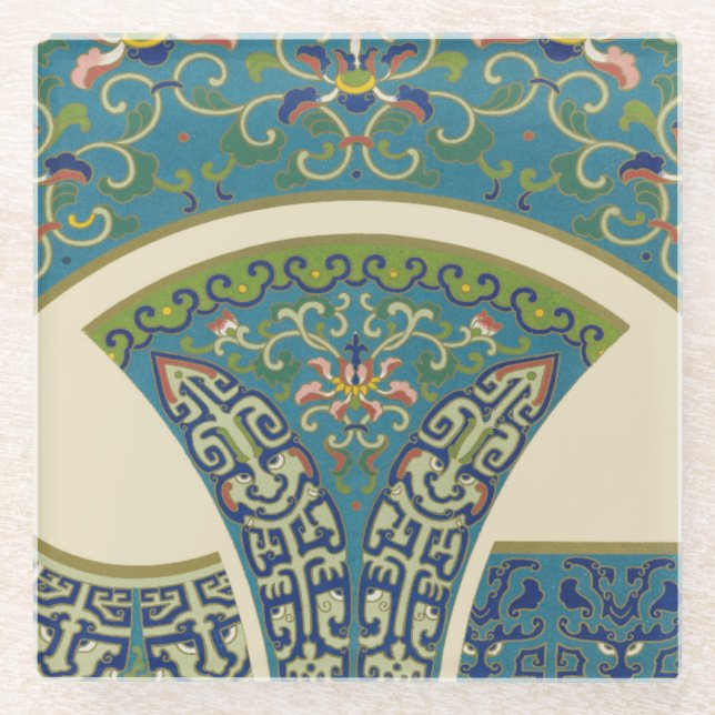 Blue Oriental Designs with Smiling Faces Glass Coaster (Front)