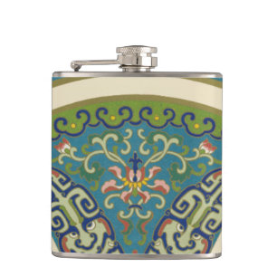 Blue Oriental Designs with Smiling Faces Hip Flask