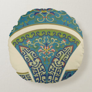 Blue Oriental Designs with Smiling Faces Round Pillow