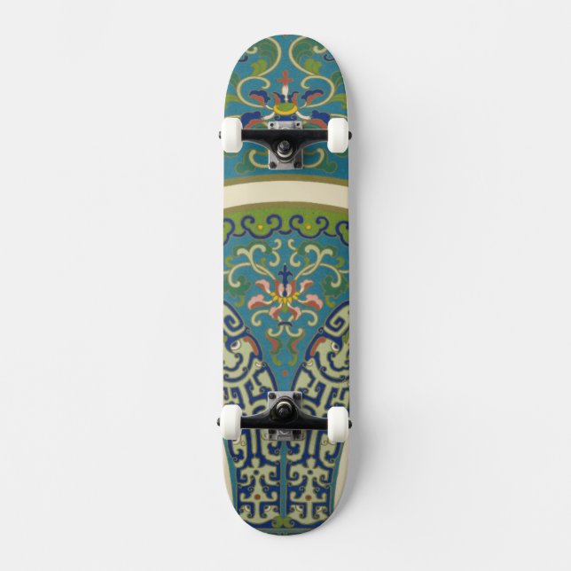 Blue Oriental Designs with Smiling Faces Skateboard (Front)
