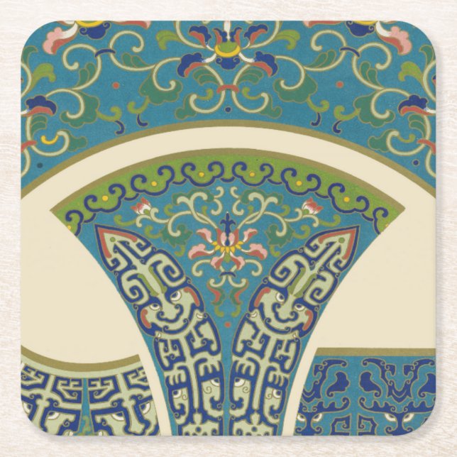 Blue Oriental Designs with Smiling Faces Square Paper Coaster (Front)
