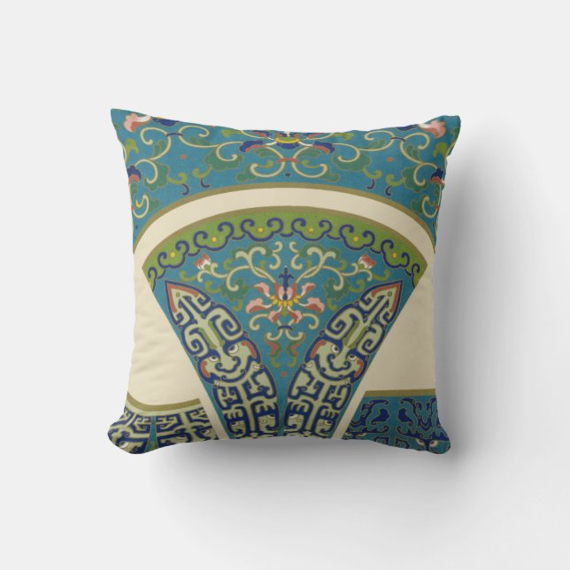 Blue Oriental Designs with Smiling Faces Throw Pillow (Front)