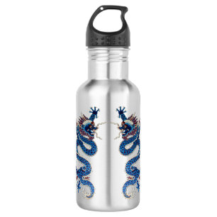 Blue oriental dragons antique Chinese embroidery 532 Ml Water Bottle