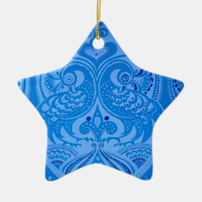 Blue Oriental Peacock Birds Ceramic Ornament (Front)