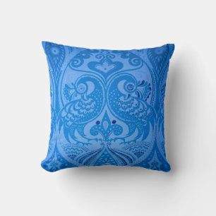 Blue Oriental Peacock Birds Throw Pillow