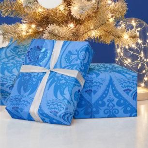 Blue Oriental Peacock Birds Wrapping Paper