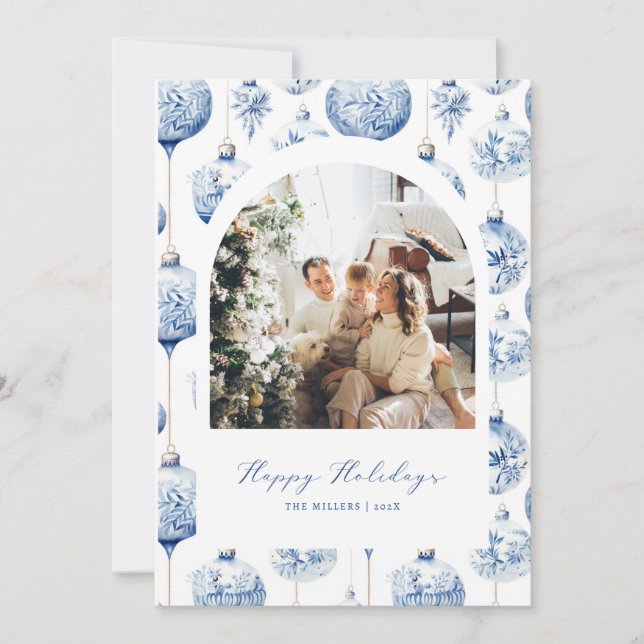 Blue Ornament Arch Photo Holiday Christmas Card  (Front)