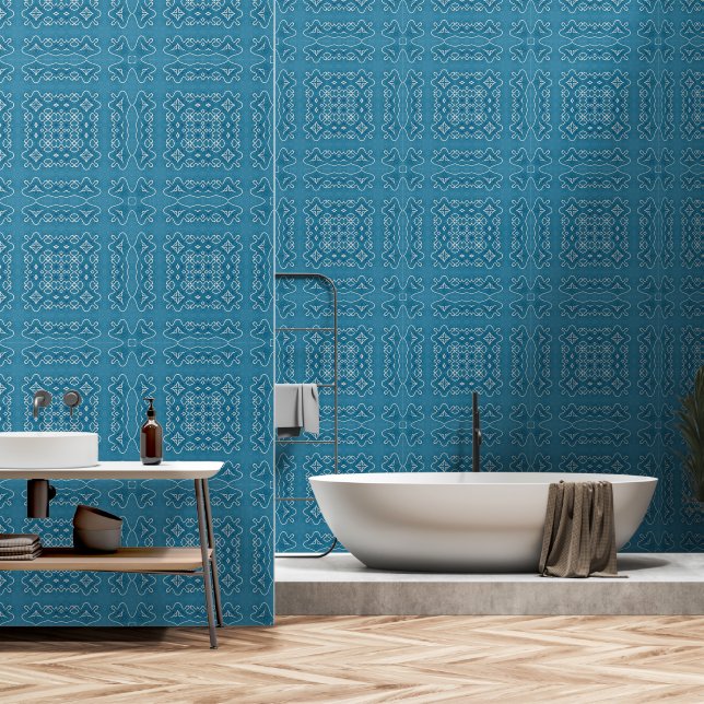 Blue Ornamental Tile Pattern – Intricate Geometric Wallpaper (Bathroom)