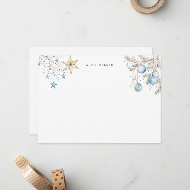 Blue Ornaments Holiday Monogram Note Card (Front/Back In Situ)