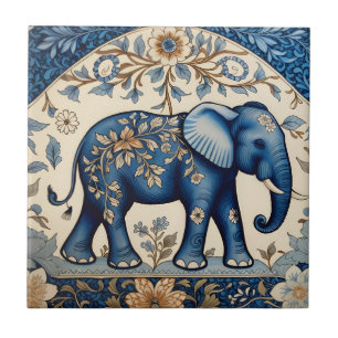 Blue Ornate Elephant Vintage Floral Tile