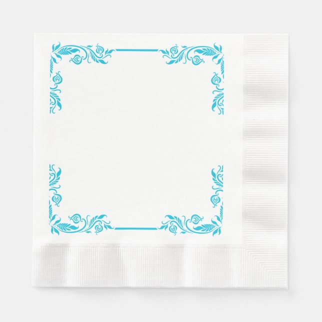 Blue Ornate Filigree Corner Border Paper Napkins (Front)