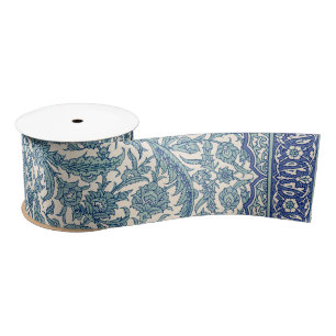 Blue Ornate Floral Arabic Pattern Satin Ribbon