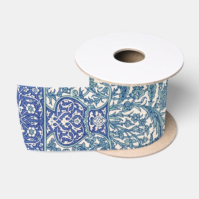 Blue Ornate Floral Arabic Pattern Satin Ribbon (Spool)