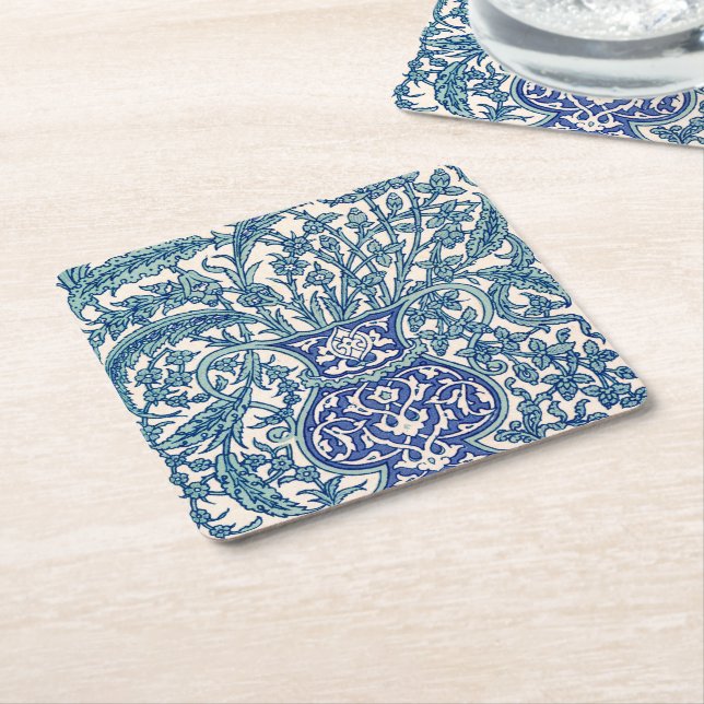 Blue Ornate Floral Arabic Pattern Square Paper Coaster (Angled)