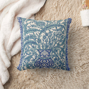 Blue Ornate Floral Arabic Pattern Throw Pillow